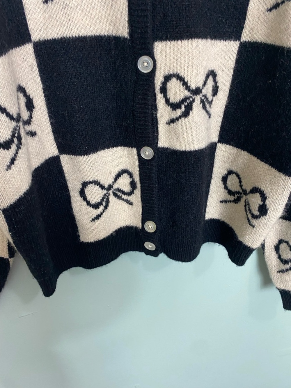 Lisa Says Gay Lauda Black‎ White Bow Check Plaid Cardigan Size Small & XS - Picture 3 of 12